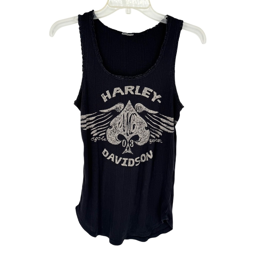 Vintage Y2K Harley-Davidson Ribbed Graphic Tank Top Black - Grunge Baddie Moto